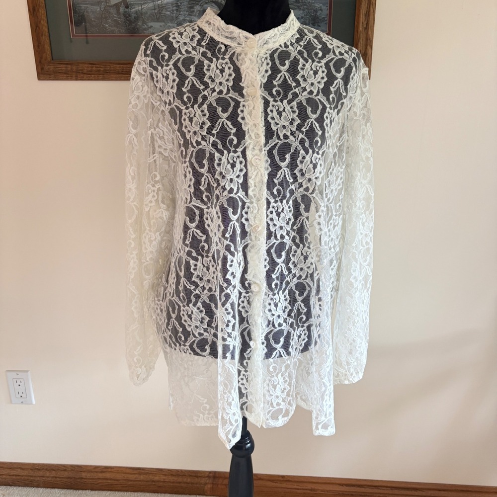 Blair Lace Blouse Womens XLG Ivory Floral Sheer Button Front Mock Neck Vintage